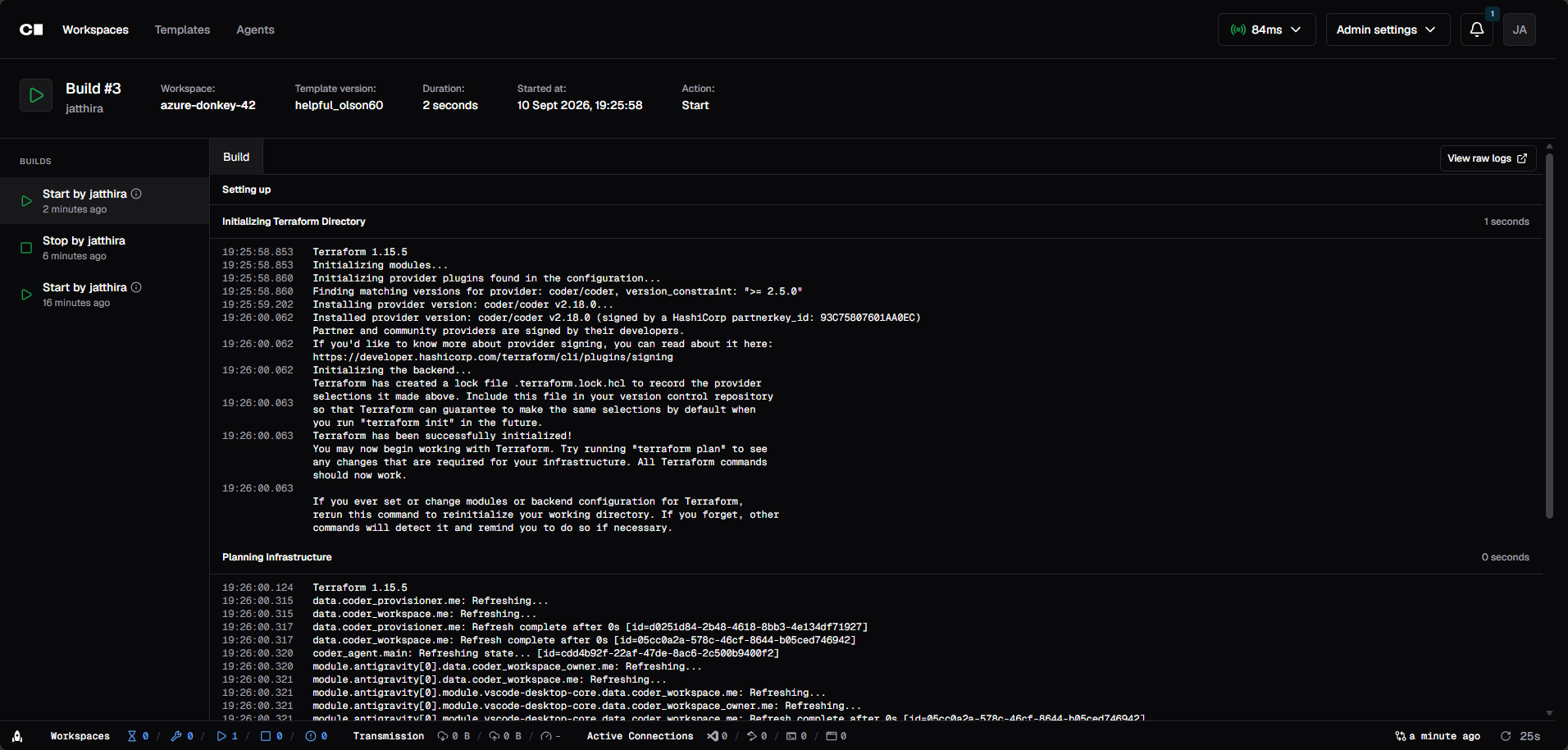 Coder screenshot 9: Audit log