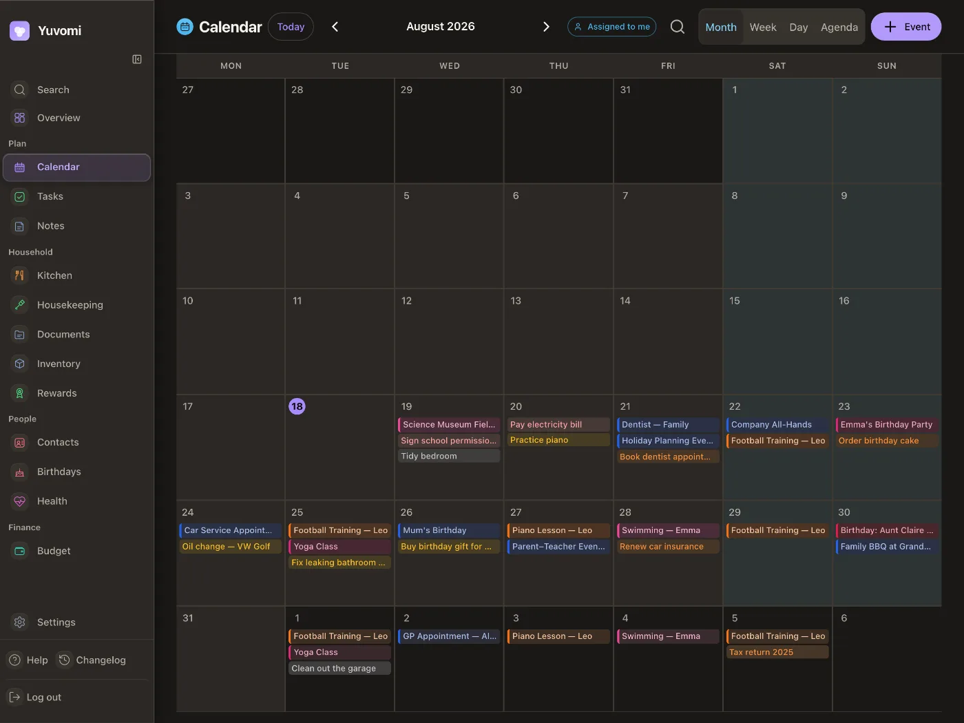 Yuvomi screenshot 2: Calendar